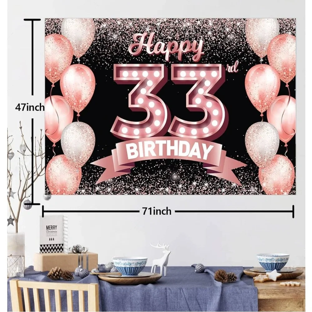 Happy 33rd Birthday Backdrop - Pink and Black Party Decoration